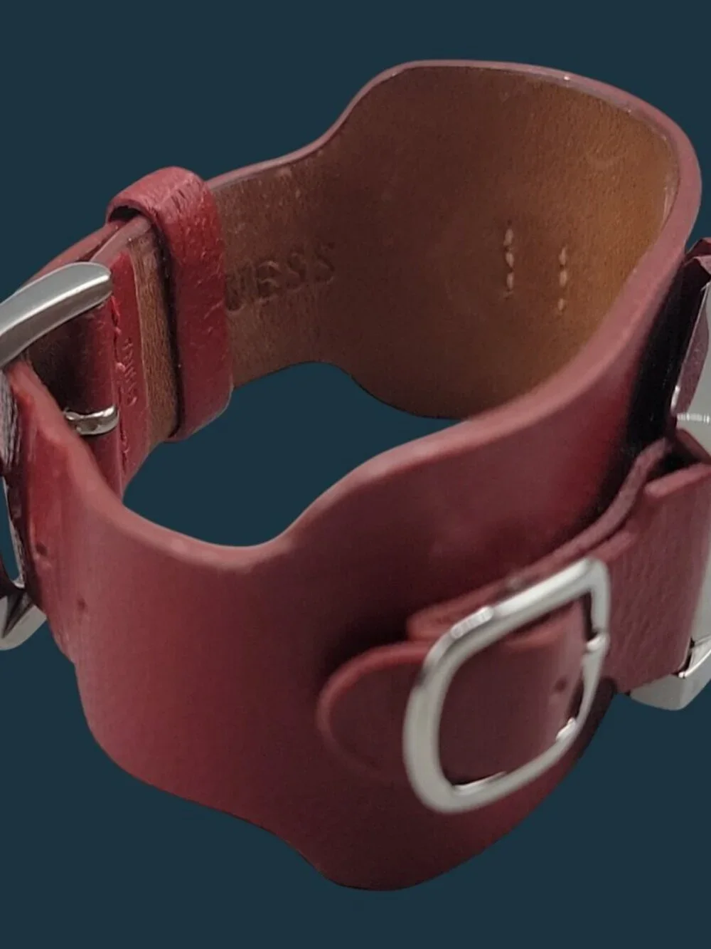 Vintage GUESS Women's Cuff Watch Red Leather Wide Bund Band Square Silver Tank